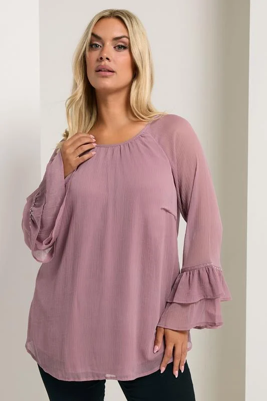 YOURS Curve Purple Ruffle Sleeve Stud Top