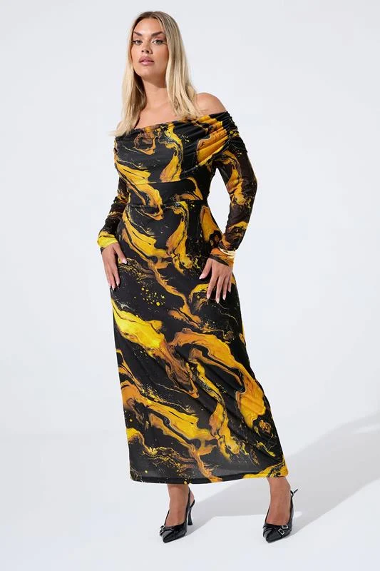 LIMITED COLLECTION Curve Black Marble Mesh Bardot Midi Dress
