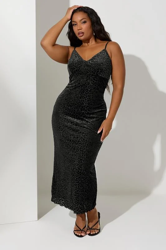 YOURS LONDON Curve Black Animal Velour Midaxi Slip Dress