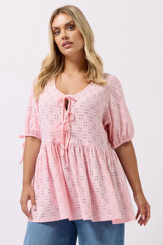 YOURS Curve Pink Broderie Anglaise Tie Front Peplum Top