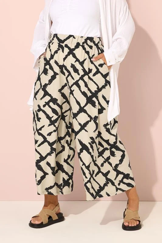 YOURS Curve Natural Brown Abstract Print Wide Leg Trousers