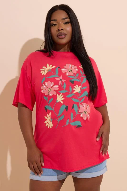 YOURS Curve Red Floral Print T-Shirt