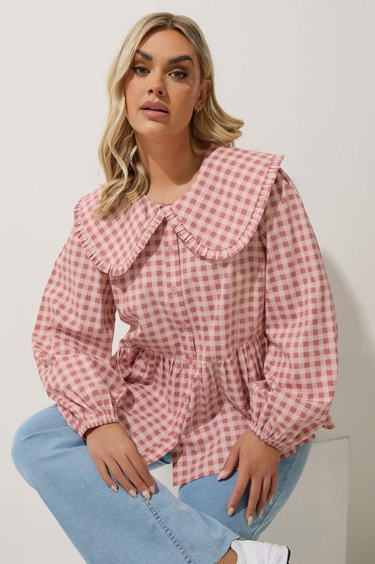 LIMITED COLLECTION Curve Pink Gingham Oversized Collar Blouse
