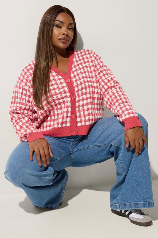 LIMITED COLLECTION Curve Coral Pink Gingham Knitted Cardigan