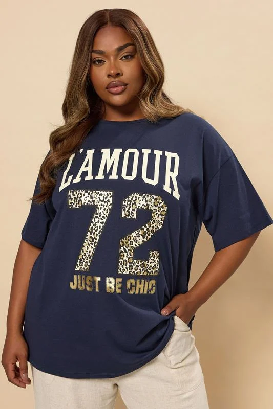 YOURS Curve Navy Blue'L'Amour' Slogan T-Shirt