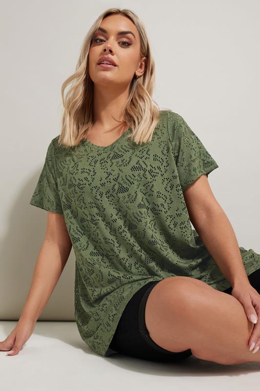 YOURS Curve Khaki Green Broderie Anglaise Top