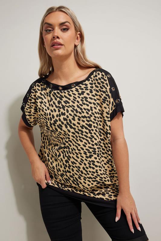 YOURS Curve Brown Leopard Print Eyelet Detail Top