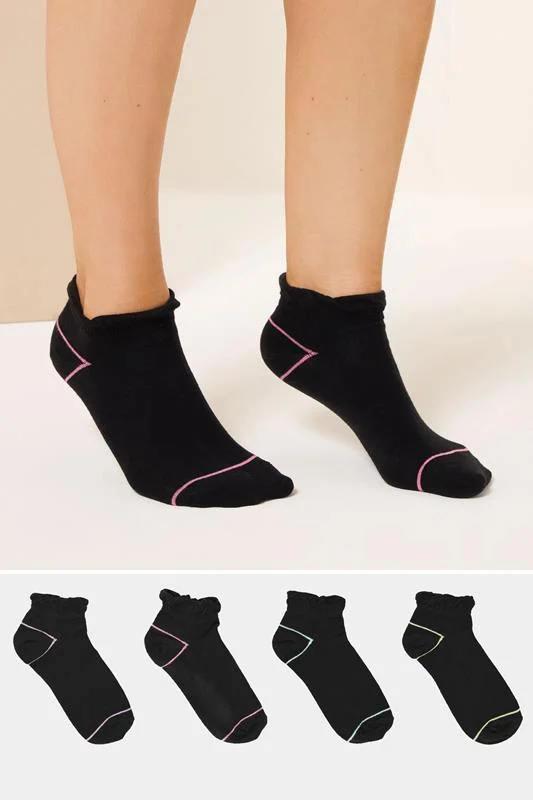 4 PACK Black Contrast Stripe Trainer Liner Socks