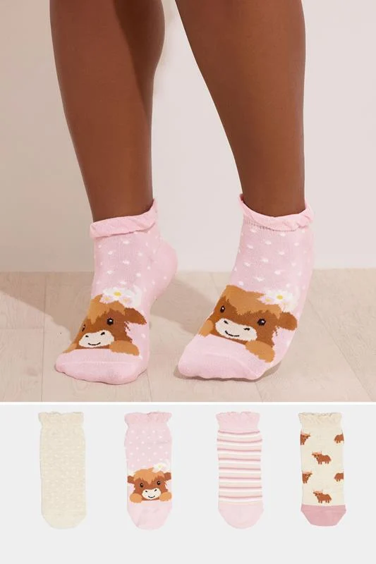 4 PACK Pink Highland Cow Trainer Liner Socks