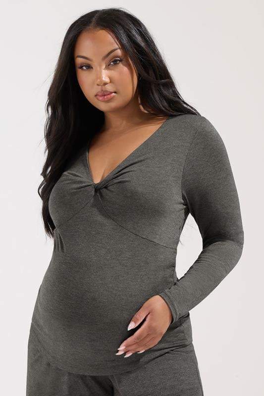 BUMP IT UP MATERNITY Curve Charcoal Grey Twist Front Top