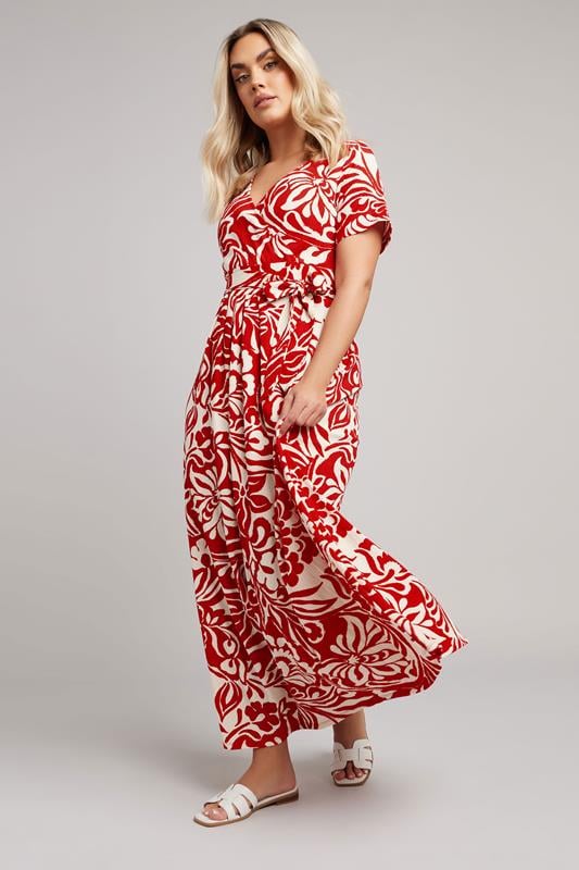 YOURS Curve Red Floral Textured Wrap Dress