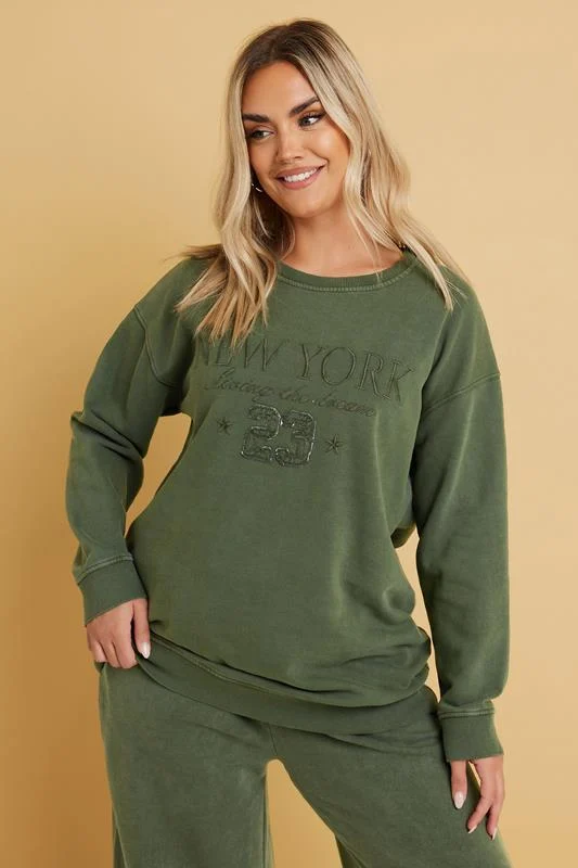 YOURS Curve Khaki Green'New York' Slogan Sweatshirt 5 YOURS Curve Khaki Green'New York' Slogan Sweatshirt