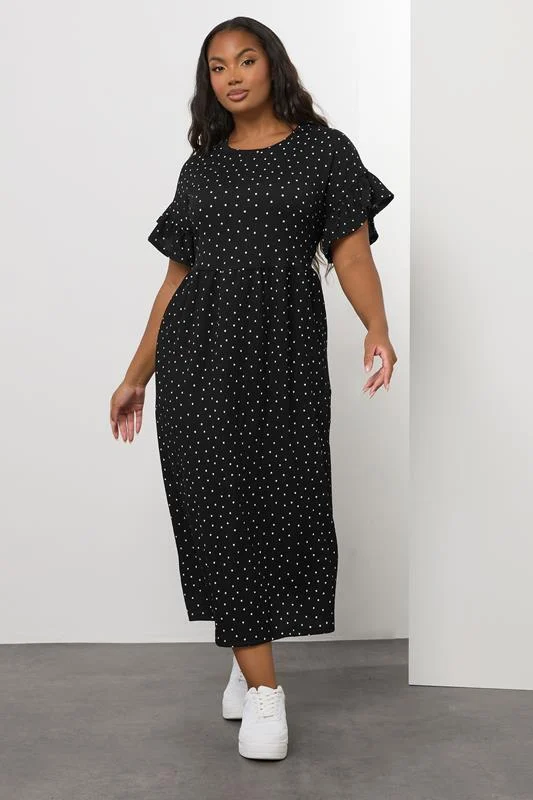 YOURS Curve Black Polka Dot Frill Sleeve Midaxi Dress