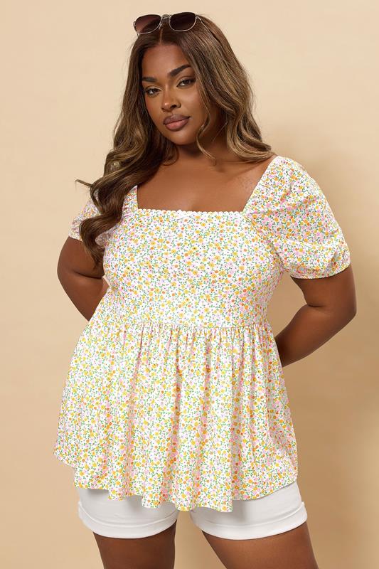 YOURS Curve Orange Floral Broderie Anglaise Peplum Top