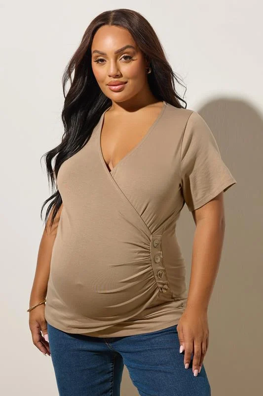 BUMP IT UP Curve Brown Button Detail Wrap Top