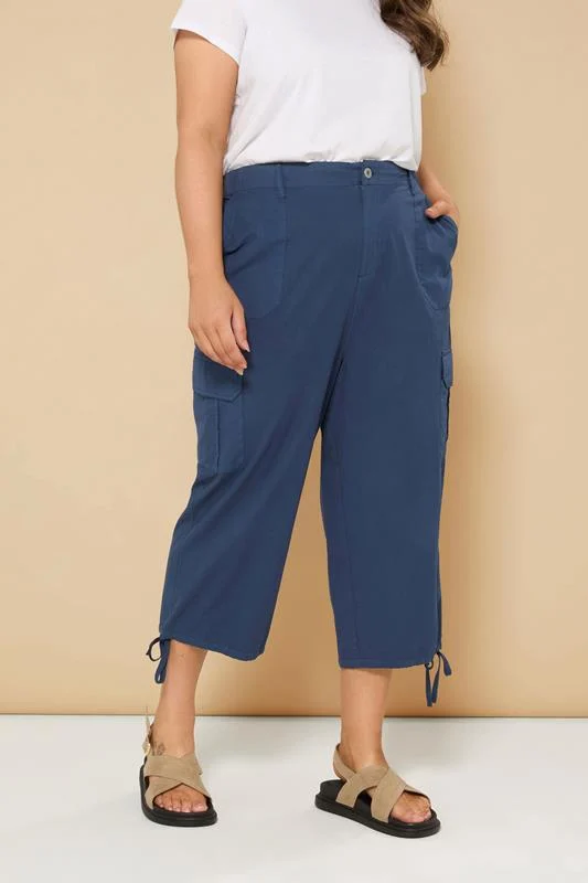 YOURS Curve Navy Blue Cotton Cropped Cargo Trousers