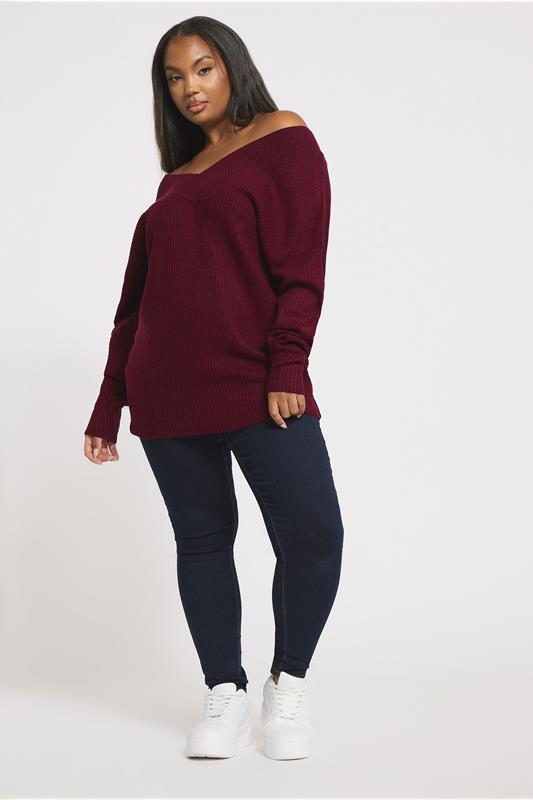 YOURS Curve Burgundy Red V-Neck Knit Jumper 3 YOURS Curve Burgundy Red V-Neck Knit Jumper