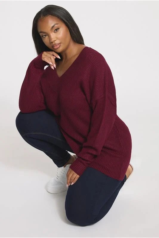 YOURS Curve Burgundy Red V-Neck Knit Jumper