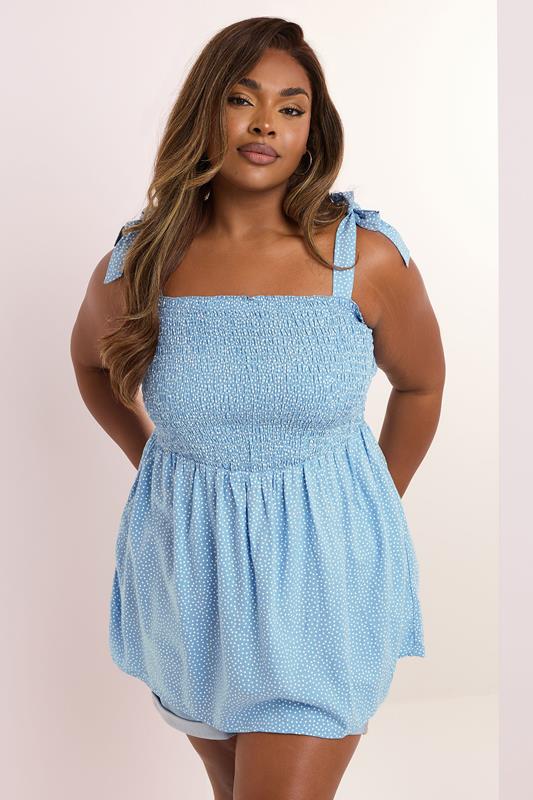 YOURS Curve Blue Spot Shirred Tie Sleeve Cami Top 3 YOURS Curve Blue Spot Shirred Tie Sleeve Cami Top