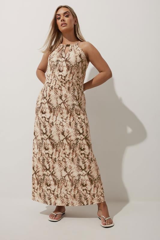 LIMITED COLLECTION Curve Brown Snake Print Beaded Halter Neck Dress