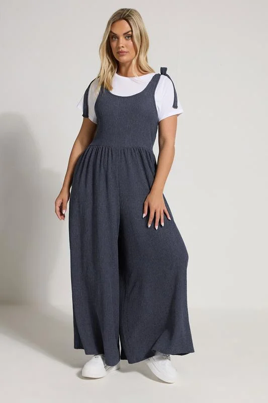 YOURS Curve Navy Blue Textured Wide Leg Jumpsuit