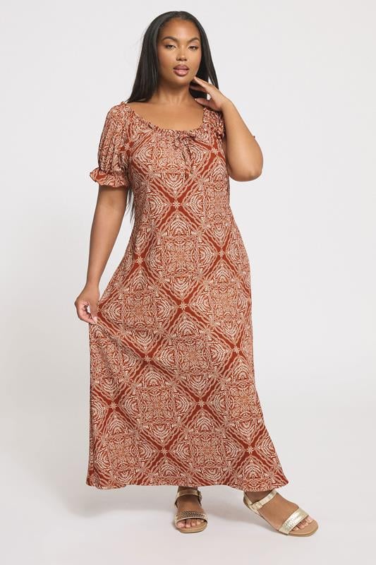 YOURS Curve Rust Brown Paisley Textured Milkmaid Dress