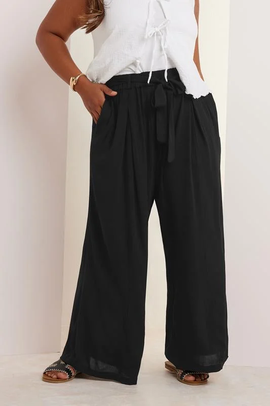 YOURS Curve Black Tie Waist Crinkle Wide Leg Trousers