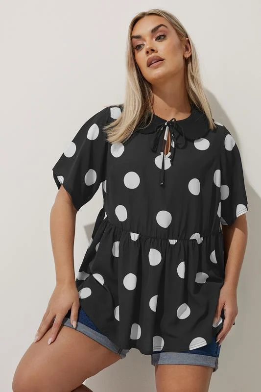 LIMITED COLLECTION Curve Black Polka Dot Tie Front Collared Top