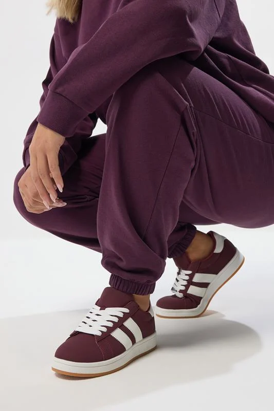 Burgundy Red Padded Lace Up Trainers In Wide E Fit