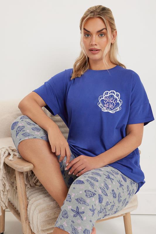 YOURS Curve Blue'Shell Yeah' Graphic Cropped Pyjama Set