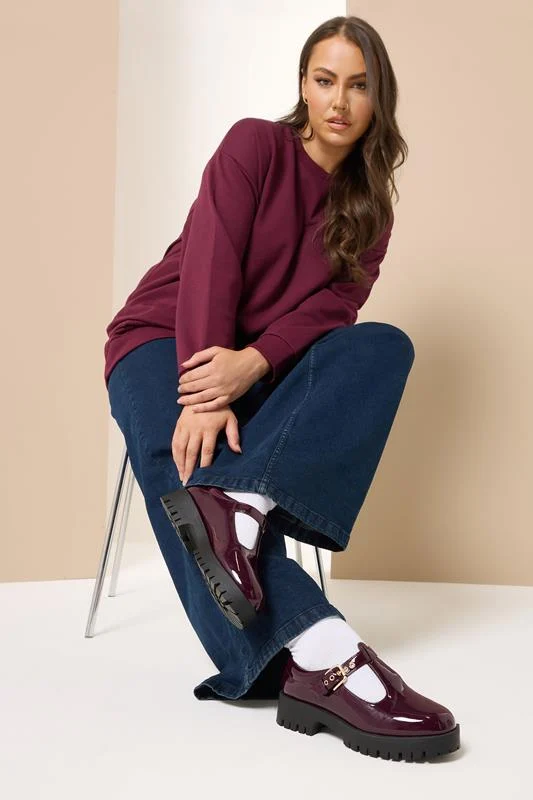Burgundy Red Patent Chunky T-Bar Mary Janes In Extra Wide EEE Fit