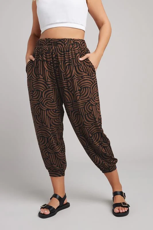 YOURS Curve Brown Abstract Print Cropped Harem Joggers
