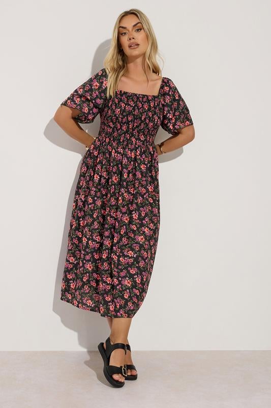 YOURS Curve Black Floral Print Square Neck Midaxi Dress