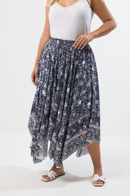 YOURS Curve Navy Blue Paisley Hanky Hem Skirt