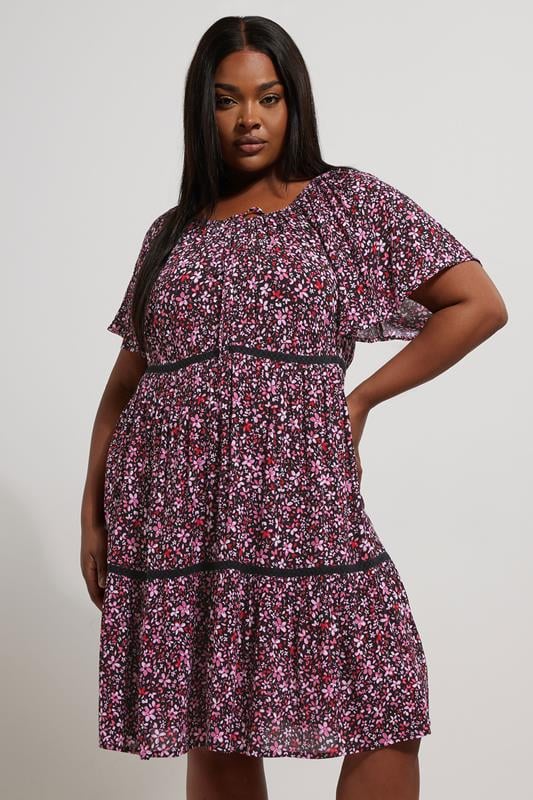 YOURS Curve Pink Ditsy Floral Print Tie Neck Mini Dress