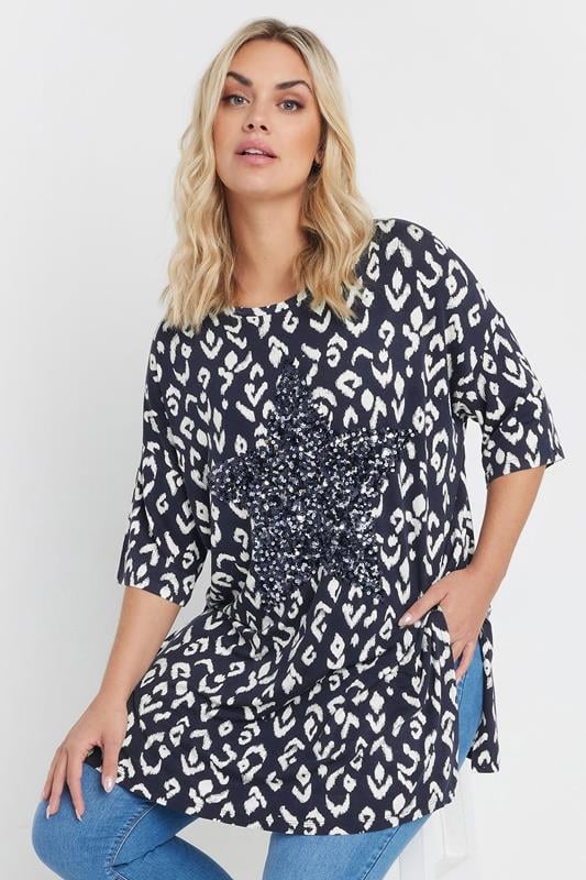 YOURS Curve Navy Blue Leopard Heart Embellished Top