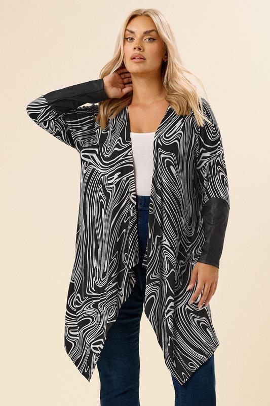 YOURS Curve Black Abstract Faux Leather Sleeve Cardigan