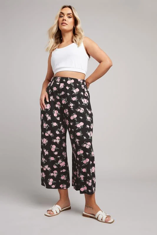 YOURS Curve Black & Pink Floral Print Midaxi Culottes