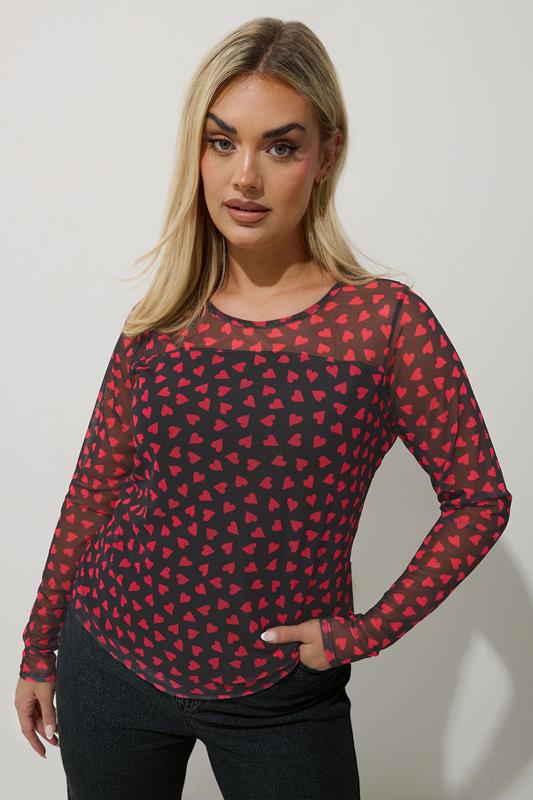 LIMITED COLLECTION Curve Black & Red Heart Print Mesh Top