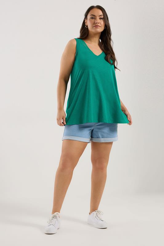 YOURS Curve Green Cotton V-Neck Vest Top 3 YOURS Curve Green Cotton V-Neck Vest Top