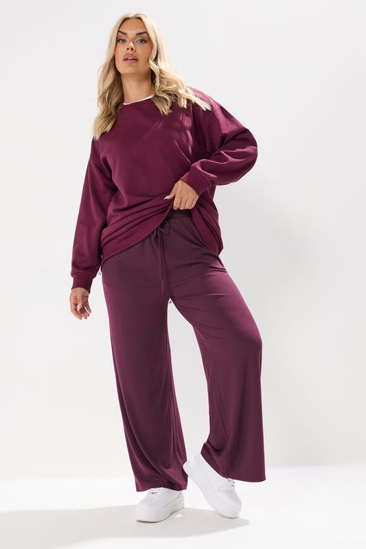 YOURS Curve Burgundy Red Ribbed Wide Leg Trousers