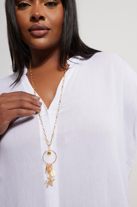 Gold Tone Shell & Starfish Pendant Long Necklace
