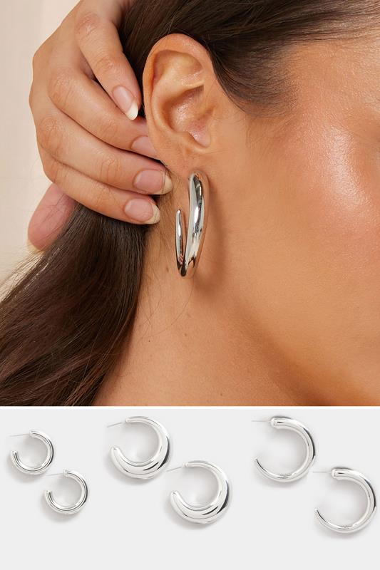 3 PACK Silver Tone Hoop Earrings Set