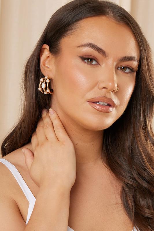 Gold Tone Triple Stone Hoop Earrings