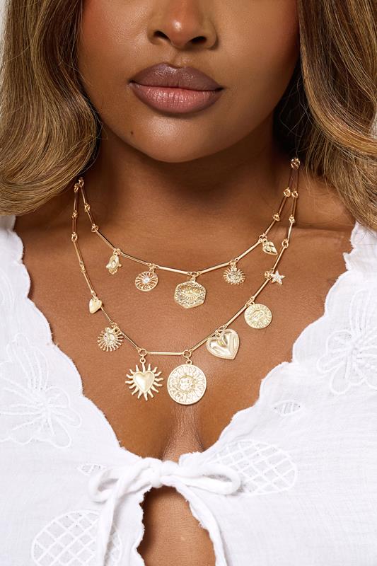Gold Tone Pendant Charm Layered Chain Necklace