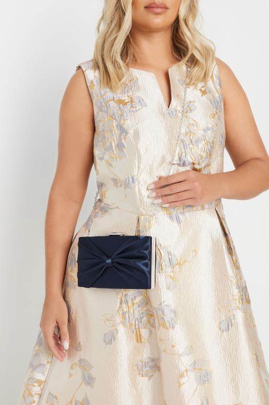 Navy Blue Satin Bow Detail Clutch Bag