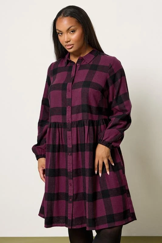 YOURS Curve Burgundy Red Check Shirt Dress
