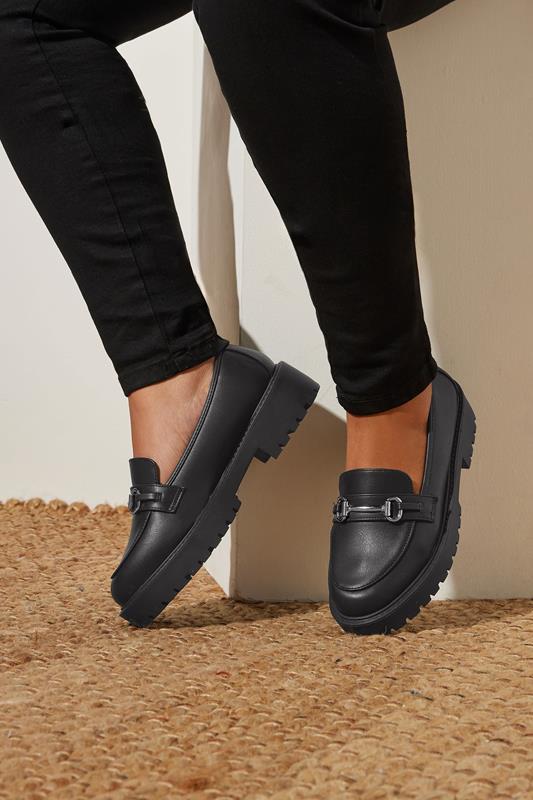 Black Metal Trim Detail Loafers In Wide E & Extra Wide EEE Fit