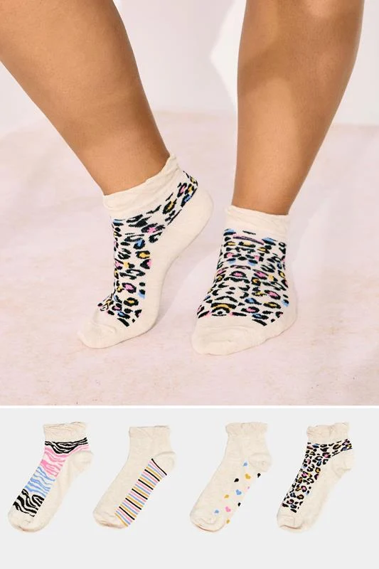 4 PACK Cream Animal Print Ankle Socks