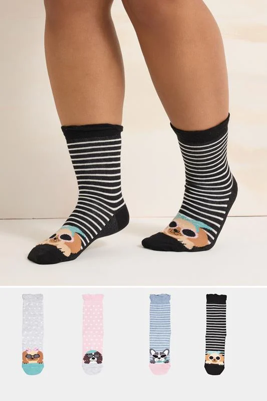 4 Pack Black & Blue Dog Print Ankle Socks